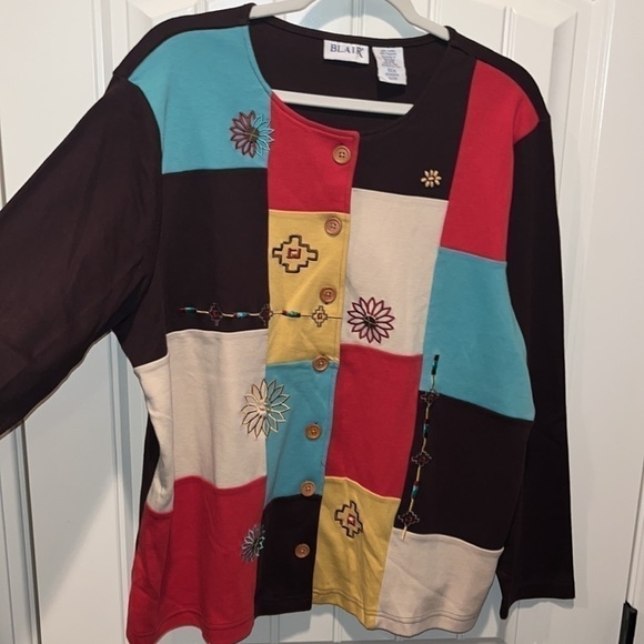 Southwest tribal western boho folk Blair button down patchwork top size XL - Picture 2 of 10